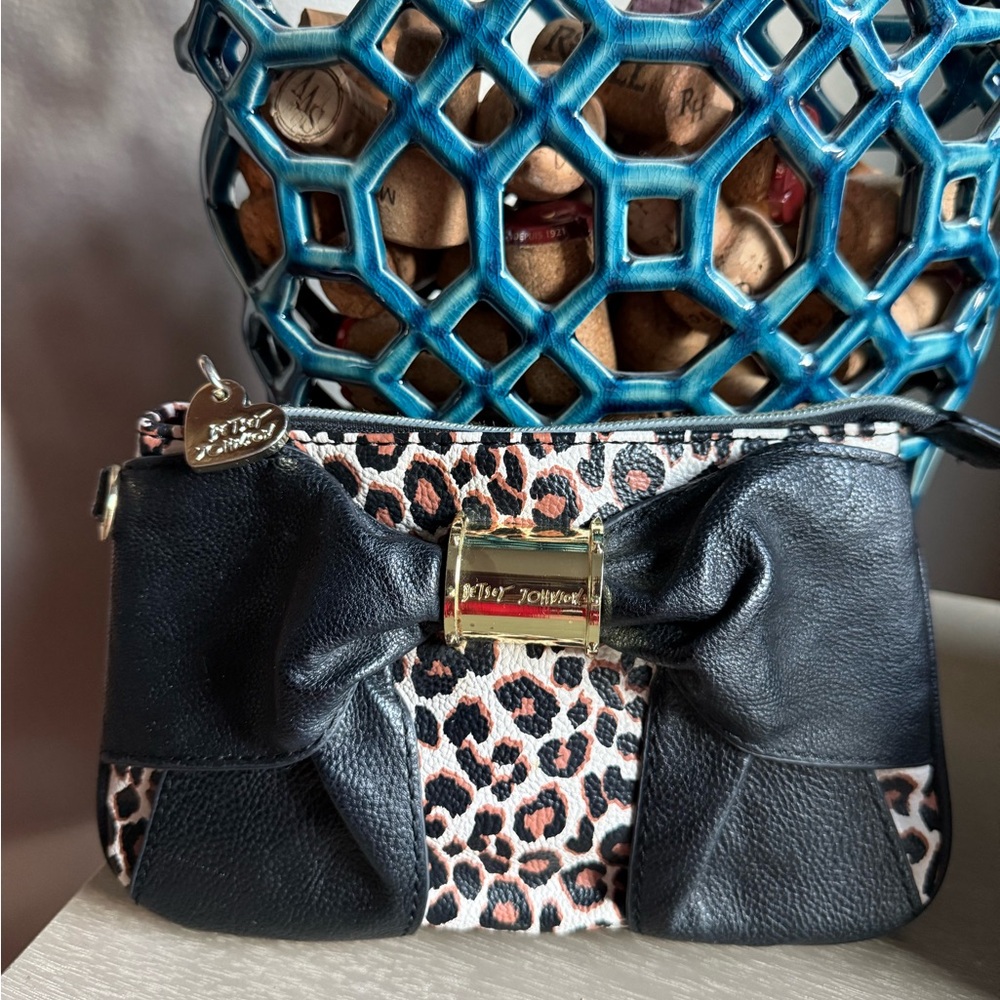 Betsey Johnson Black and Leopard Print Clutch
